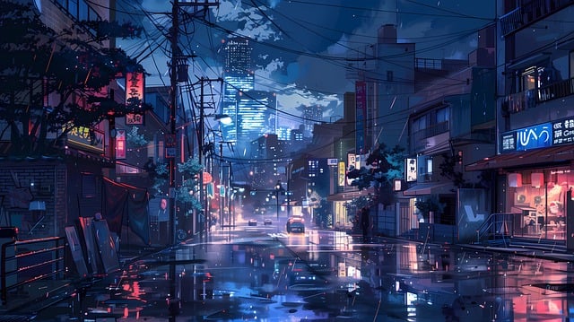 a city by night in anime style